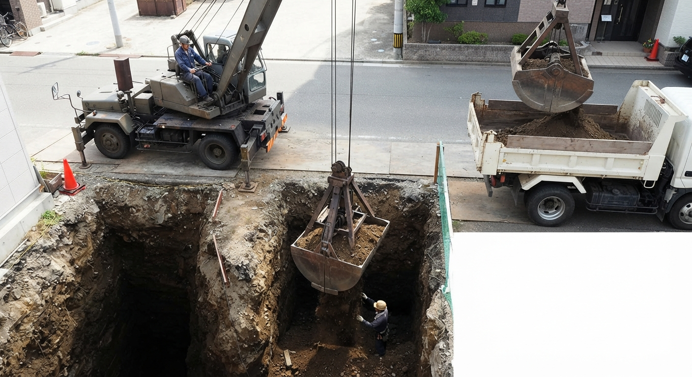 Grúa de izaje con balde metálico en excavación